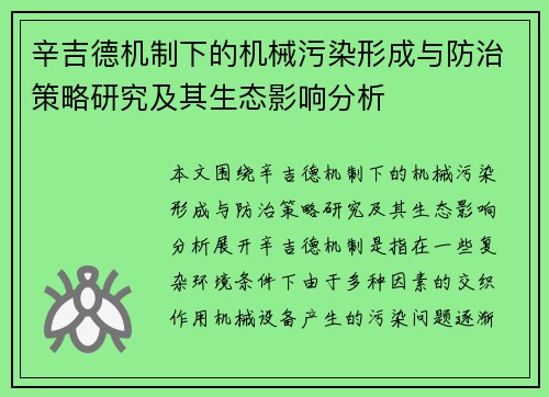 辛吉德机制下的机械污染形成与防治策略研究及其生态影响分析